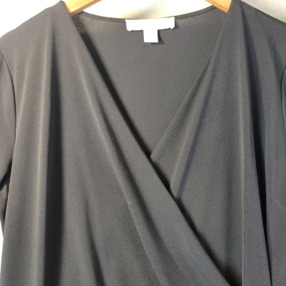 Michael Kors Black‎ Faux Wrap Dress Gold Grommet Hem Long Sleeve Size L Cocktail